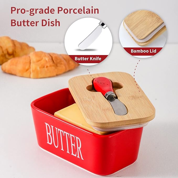 Hasense Porcelain Butter Dish with Bamboo Lid - Covered Butter Dish with Butter Knife for Countertop, Airtight Butter Container with Cover Perfect for East West Coast Butter, Red