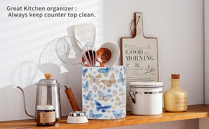 Kitchen Utensil Holder,7.2-inch Extra Large Sturdy Ceramic Floral Butterfly Pattern Utensil Crock,Cooking Utensil Organizer for Kitchen Counter Decor,Storage Caddy Farmhouse Gift Butterflies