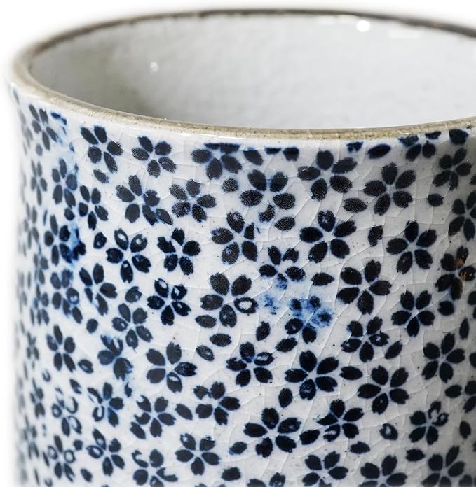 Nostalgic Mino Ware Ceramic Sometsuke Small Mug Cup - Japanese Crafted, Floral Pattern, Comfort Grip Handle, For Coffee and Green Tea or Soup, Matcha Tea, Gift Box Included (Mountain Cherry)