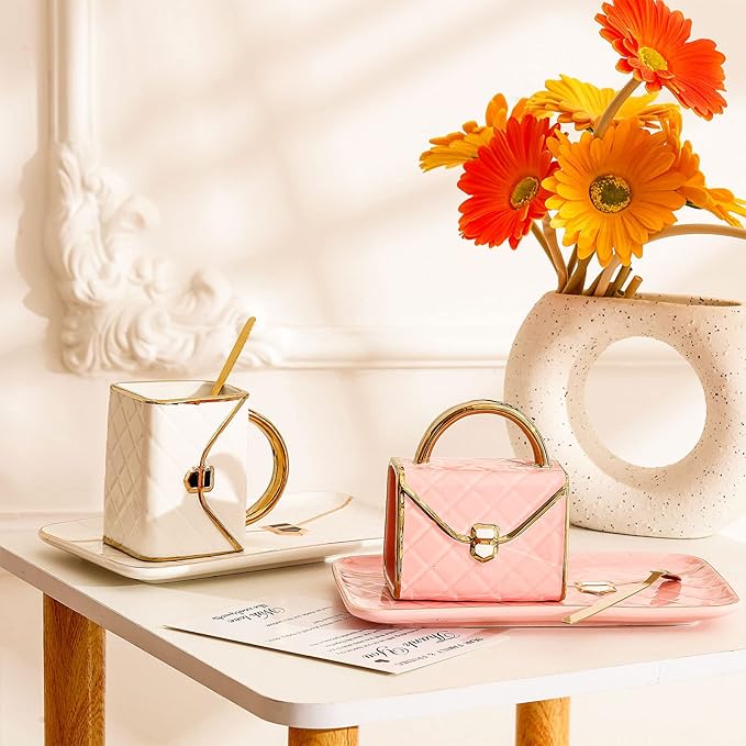 Zubebe 2 Sets Coffee Mug Elegant Handbag Shaped Cup Mother's Day Modern Ceramic Purse Mug with Spoon and Saucer, 10oz Cute Creative Tea Cup for Woman Girls Gift (Pink,White)