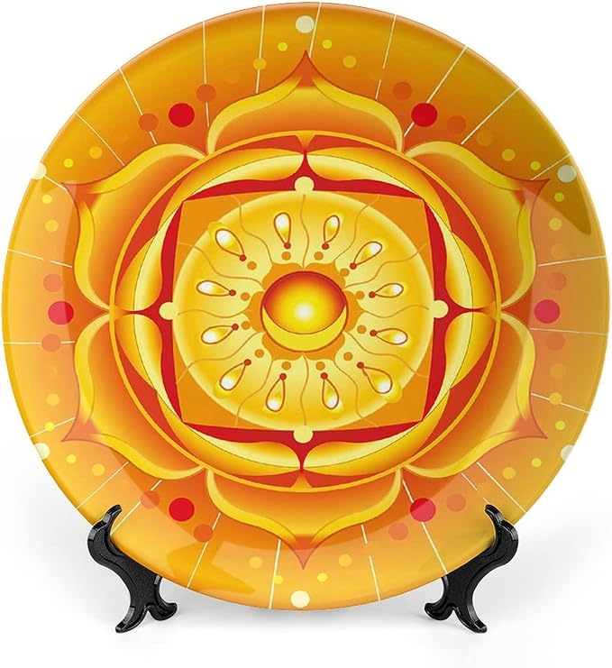 XISUNYA 10 Inch Decorative Plate, Lotus Ceramic Plate, Circular Journey Energetic Body Zen Life Symbol Print Ceramic Wall Hanging Decor Accessory for Dining Table Tabletop Home Decor, Orange Yellow