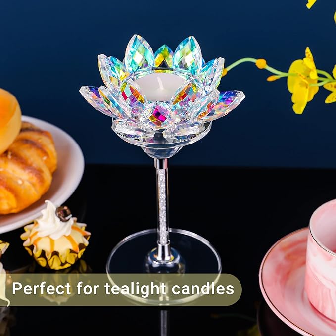 Crystal Candle Holders Set of 2, Lotus Flower Tealight Holders with Clear Glass Base, Rhinestone Stand and Ball, Elegant Table Centerpieces for Home Decor, Wedding, Party