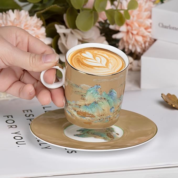 KAMMAK Tea Cups and Saucers Set of 2, Fine Bone China Coffee Cups, Stackable Espresso Mugs, Ceramic Demitasse for Coffee, Cappuccino, Latte, Americano, Tea, Small - River and Mountains