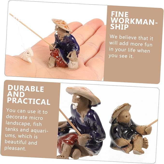 3Pcs Ceramic Miniature Fisherman Figurine Set for Fish Tank Garden Decoration Asian Fisherman Statues Detailed Craftsmanship for Aquatic Landscapes