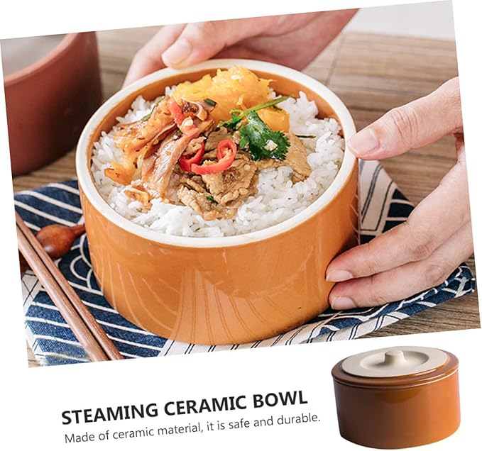 Ceramic Steaming Bowl Lid Vintage Pottery Rice Stew Bowl Home Kitchen Tableware Suitable for Steaming Eggs and Rice 1.5L Capacity