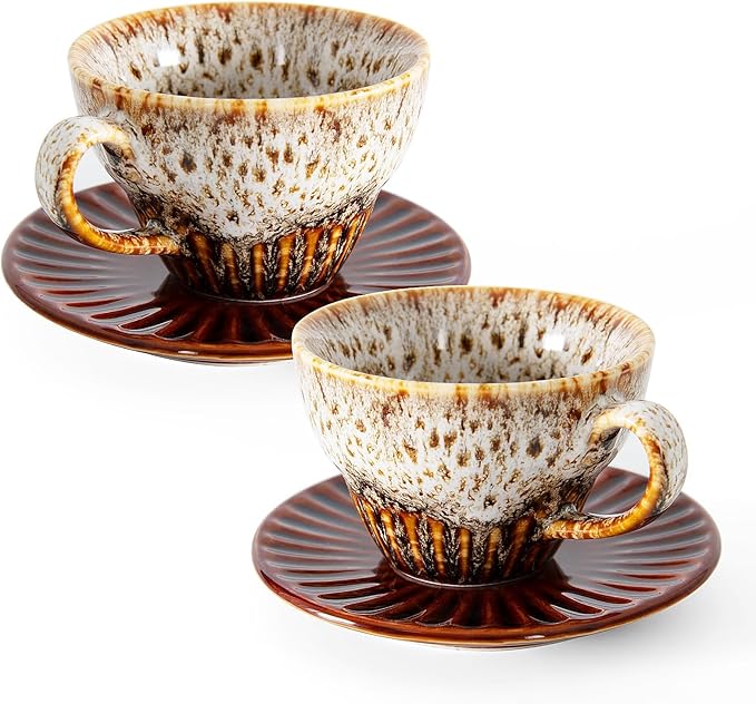 4 oz Espresso Cups Set of 2, Ceramic Cappuccino Cups with Saucers, Durable Porcelain Tea Set & Modern Coffee Cup Collection, Coffee Lover Gifts, Glazed White