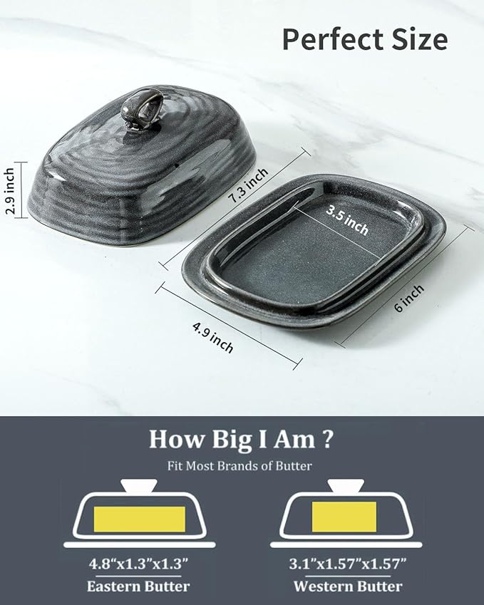 Hasense Porcelain Butter Dish with Lid, Covered Butter Container with Handle Design for Countertop, Gray