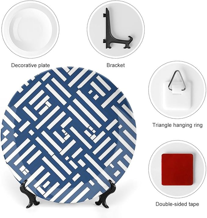Lacefield Trellis Print Geometric Blue Ceramic Decorative Plate, Bone China Decorative Plate for Club Household Festival Decor, Unique Art with Stand Art Decorations for Display Housewarming Gifts