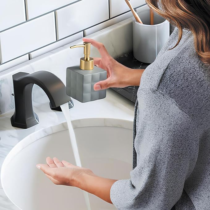 Hand Soap Dispenser Dish Cube Soap Dispenser Countertop 7.44 FL OZ. /220 ML Hand Lotion Pump Bottle Ceramic Lotion Container Liquid Hand Soap Jar Shower Dispenser Kitchen Bathroom Décor (Gray)