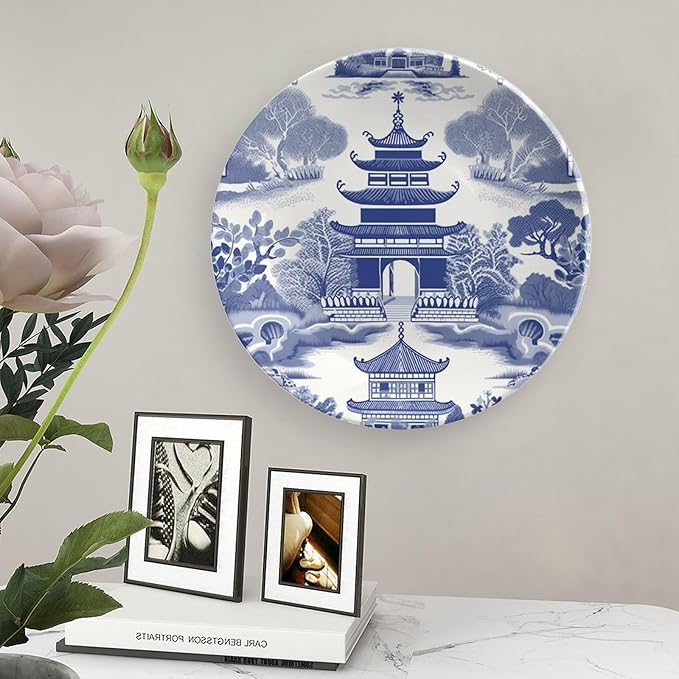 Chinoiserie Blue Asian Pagoda Decorative Plate of 6", 7", 9", 10", Personalized Hand Painted Wall Hanging Decor, Club Festival Decorations Household, Unique Art with Stand
