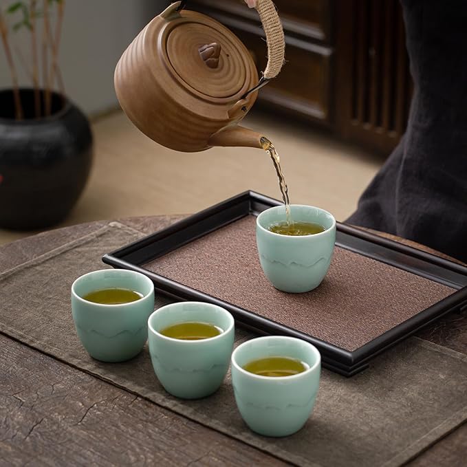 TEANAGOO Ceramic Japanese Tea Cups Set of 4pcs, 5.4oz/160ml Elegant Ceramic Matcha Cups with Flat Base, Celedon Blue Handleless Coffee Mugs, Microwave & Dishwasher Safe, Beautiful Gift Box