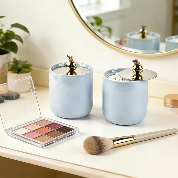 2 Pack Ceramic Qtip Holder Dispenser with Gold Lids, Blue Apothecary Jars Bathroom Vanity Organizer for Home Decor Bathroom Canister for Cotton Swabs, Rounds, Balls, Makeup Sponges, Bath Salts