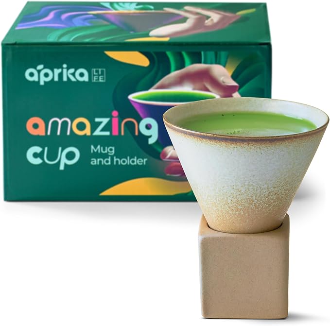 aprikalife Japanese Pottery Coffee Mug with Base 200ml - Ceramic Handmade Triangle Cone Funnel Shaped Retro Tea Cup - Dishwasher & Microwave Safe Coffee Cup for Tea, Cocoa, Espresso & Latte