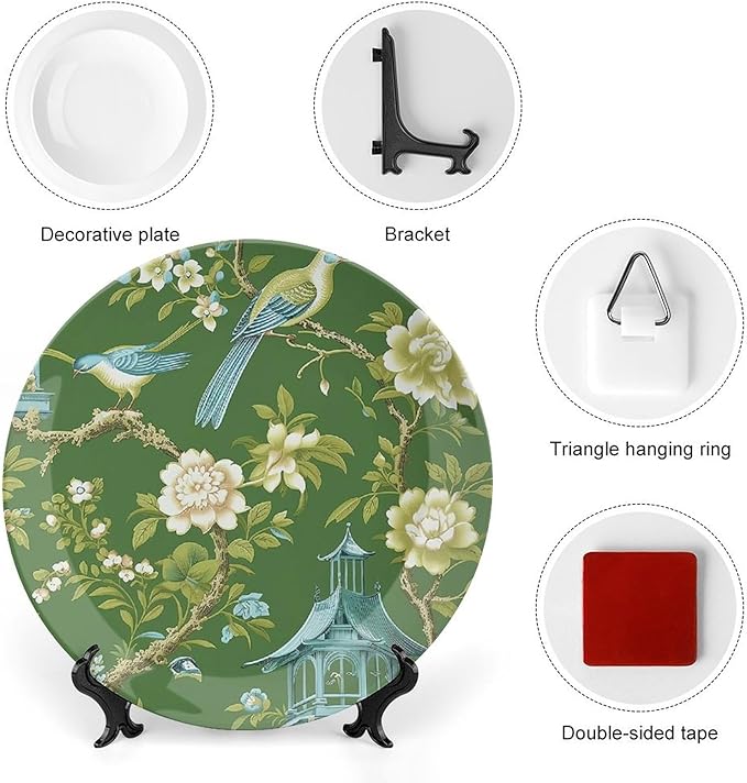 Pagoda Garden Imperial Green Chinoiserie Peacock Vintage Plates, Border in Chinoiserie Style with Herons Peacock Wall Hanging Decorative Plate for Wall Table Decor, Including Bracket Art Decor