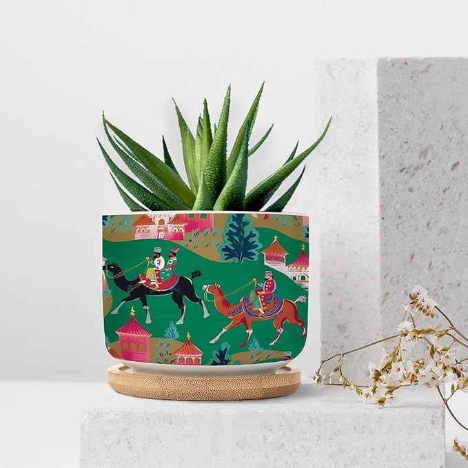Bright Emerald Green Planters Ceramic Chinoiserie Decor Round Flower Pots with Drainage Holes and Bamboo Tray Pot for Succulents Cactus Garden Windowsill