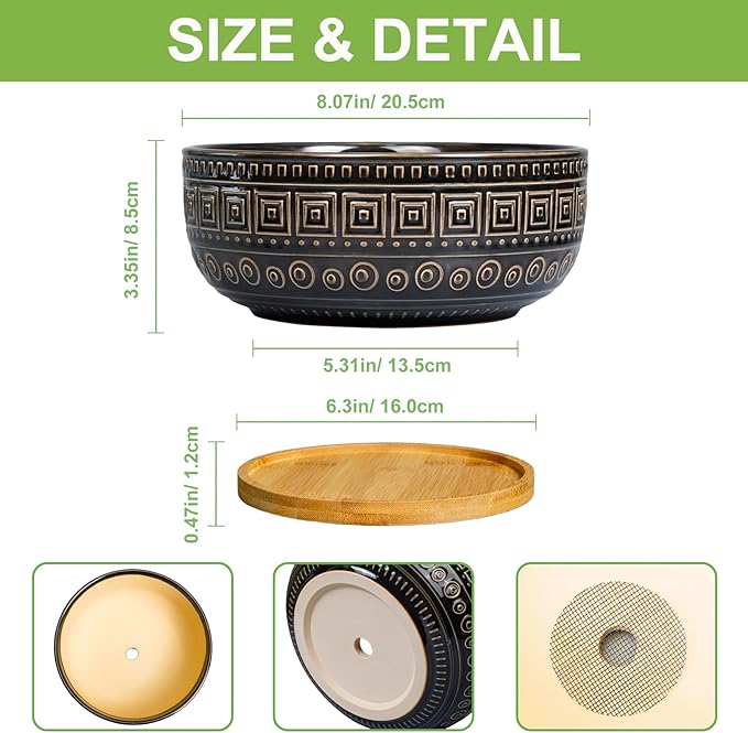 G EPGardening Bonsai Planter - 8 Inch Ceramic Succulent Pots with Drainage and Plant Saucer, Round Shallow Planter Bowl for Indoor Plants Flower, Boho Garden House Decor, Plant Lovers Gifts, Black