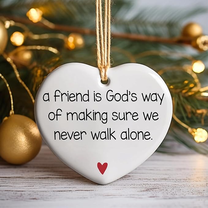 NGHYANA Christmas Tree Ornaments 2025 Heart Shaped Ceramic Ornament with Friendship Quote and Red Heart, Hanging Keepsake, 3.1 Inch