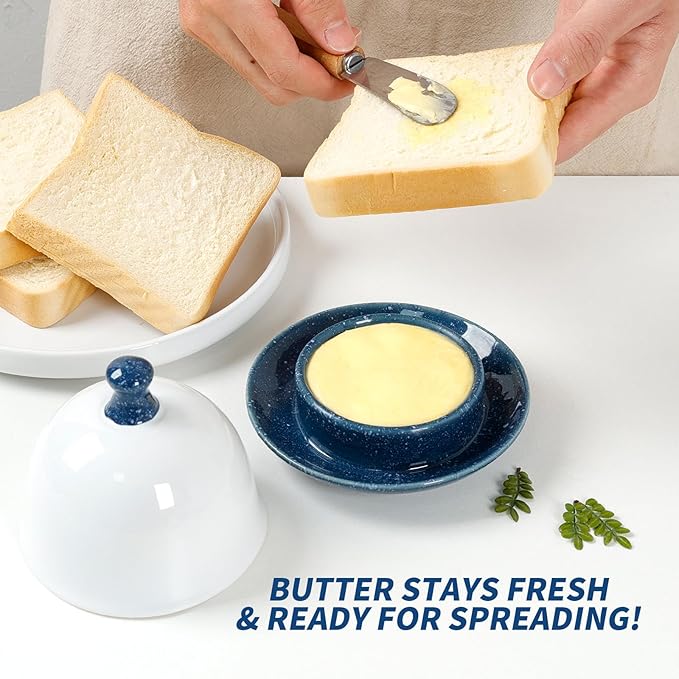 Butter dish, Ceramic Small Butter Dish with Lid, 2026 NEW Original Design Mini Butter Crock Keeper with Handle, 17 OZ Mini Butter Container Cover and Water Sealing 2 Ways Sealing (Blue)