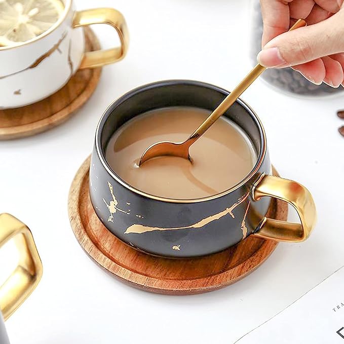 LUCCK 12oz Ceramic Marble Tea Cup with Wooden Saucer Ceramic Coffee Cup Cappuccino Cup Luxury Gold Inlay Fashion Marble Pattern for Women(Black)