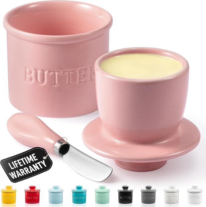 Zulay Kitchen Porcelain Butter Crock With Lid & Knife - Authentic French Butter Dish For Fresh & Spreadable Butter - Pink