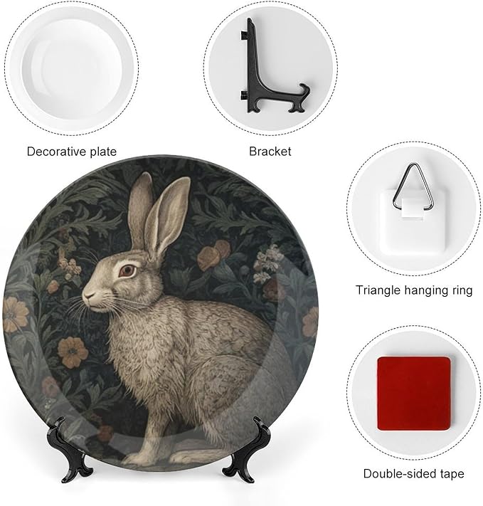 William Morris Inspired Rabbit China Plates, Custom Raven in The Forest Art Ceramic Craft for Decorative Ornaments, Housewarming Gifts Festival Decorations Table, Unique Art with Stand