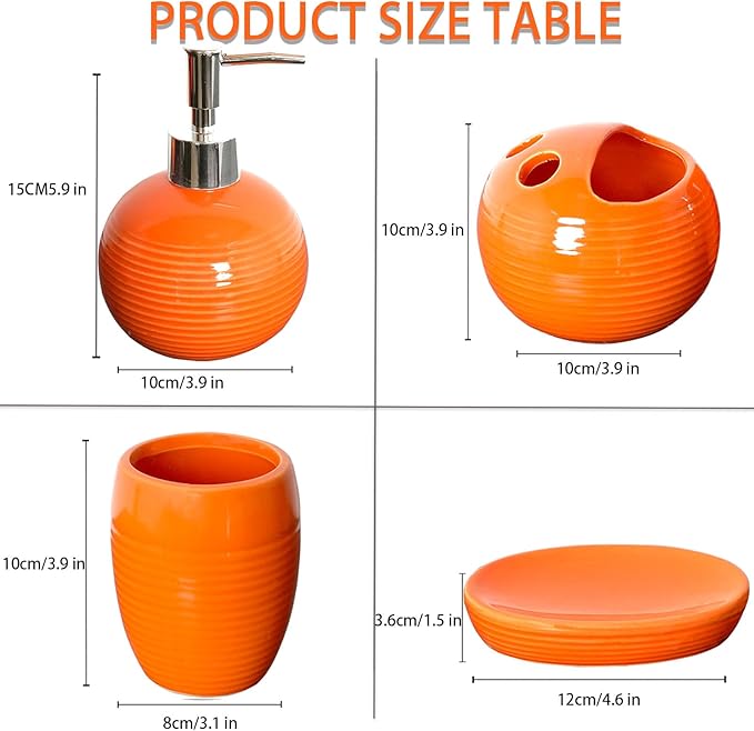 Orange Bathroom Accessories Set 4 Pcs, Ceramic Bathroom Accessory Set with Lotion Soap Dispenser, Toothbrush Holder, Bathroom Tumbler and Soap Dish,Orange Bathroom Decor
