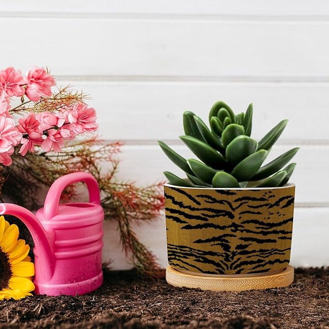 DreamAutumn Tiger Stripes Ceramic Flower Pots,Gardening Plant Pot with Drainage Holes and Saucers Round Ceramic Pots for Indoor Plants Succulent Herbs Cactus Pots for Dad Papa Grandpa