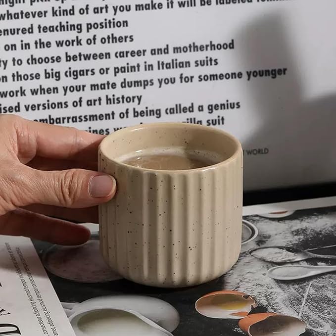 Vintage Ceramic Mug, Japanese Tea Cup 6oz Striped Cup No Handle Drinking Cup for Latte Milk Water Beverage Juice Microwave and Dishwasher Safe, Minimalist coffee Cup-Nordic White