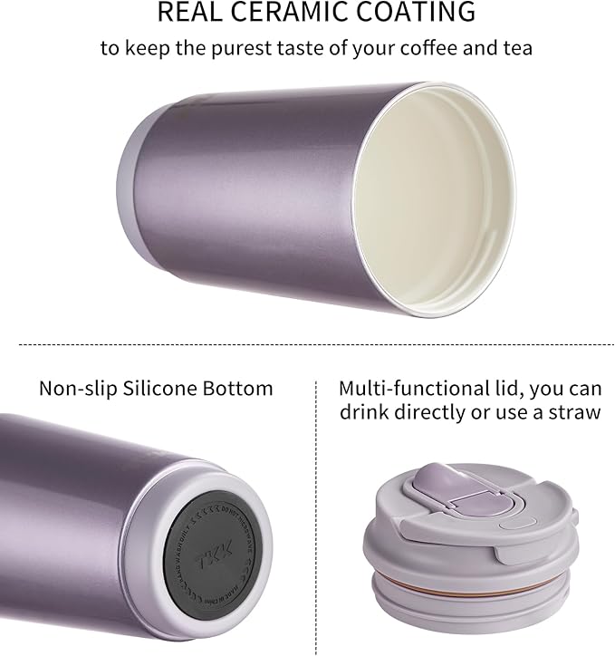 TKK Coffee Cup with Ceramic Coating - 14oz Insulated Stainless Steel Travel Mug, Leak-Proof Tumblers with Straw for Hot/Cold Beverages, Easy Wide Mouth Cleaning, Purple