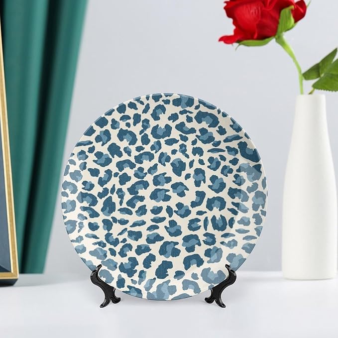 Leopard Animal Print Blue And Beige China Plates of 6", 7", 9", 10", Custom Animals Wildlife with Textures Wall Hanging Decoration, Household Club Decorations Housewarming Gifts, with 1 Display Stand