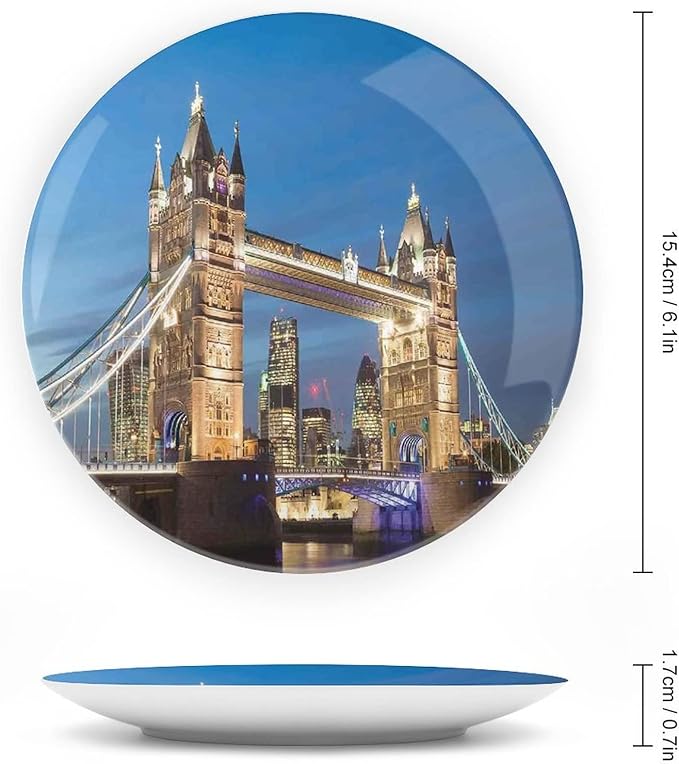 XISUNYA 7 Inch Decorative Plate, London Ceramic Stoneware, Scenery of Landmark Tower Bridge at Twilight Print Ceramic Wall Hanging for Home Office Party Dinner Table Decor, Blue and Ivory