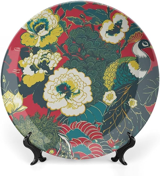 Chinoiserie Red Flowers Vintage Plates of 6", 7", 9", 10", Custom Peacock Birds And Floral Ceramic Salad Plates, Wall Club Decorations Wedding, with Display Stand And Hook Up