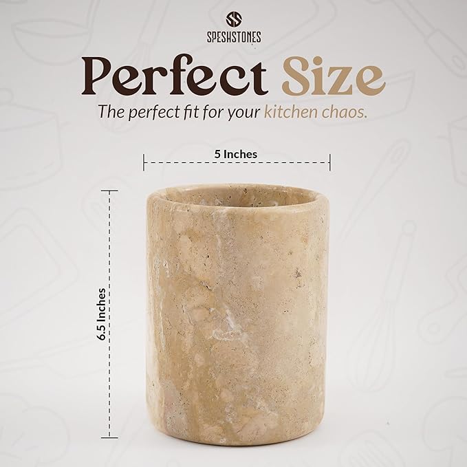 Marble Utensil Holder 6.5 Inch Travertine Utensil Caddy, Wooden Cooking Utensils Set & Spatula Organizer for Kitchen Counter Decor, Stone Crock for Spoon Holder & Farmhouse Decor