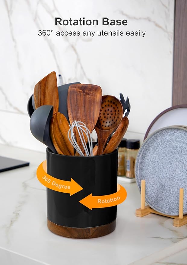 Nucookery 360° Rotating Utensil Holder, 7.2" Large Utensil Crock, White Ceramic Cooking Utensil Organizer with Countertop-Protection Cork Bottom for Farmhouse Kitchen Decor Gift (Black)