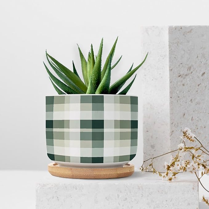 Sage Green Buffalo Plaid Ceramic Planter Green Buffalo Check Snake Plant Live Indoor with Pot with Drainage Holes and Saucers Pot for Indoor Outdoor Garden