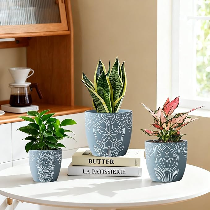 Terracotta Plant Pots,6.5+5+4.4 Inch Plant Pots Indoor with Drainage Hole- Floral Pattern,Blue Ceramic Planters for Indoor Plants,Boho decorative Flower Pots for Succulents,Herbs Plants,Set of 3