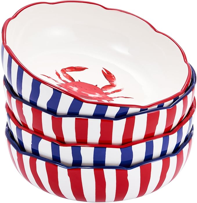 Bico Ocean Wonders Scalloped Pasta Bowls, 36oz Salad Bowl Set of 4, Large Ceramic Serving Dinner Bowls for Soup and Cereal, Microwave and Dishwasher Safe, Gift for Housewarming and Holiday