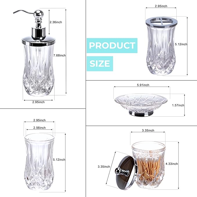 Bathroom Accessories Set,5 Pcs Clear Glass Bathroom Accessory Set,Complete Lotion Soap Dispenser,Toothbrush Holder,Soap Dish,Tumbler & Jar,Modern Bathroom Decor Sets Gift,Round