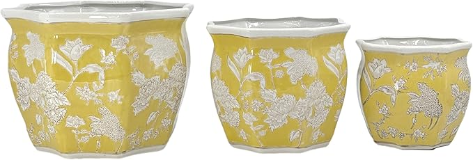 Galt International Yellow & White Round Fluted Floral Porcelain Ceramic Plant Flower Planter Pot Set of 3 (7.5", 10", 13") Garden Pots Chinese Asian Design