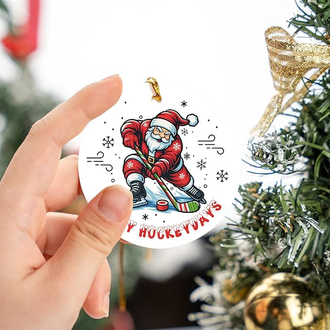 Ice Hockey Christmas Ornament -Round Ceramic 3", Holiday Tree Decoration Keepsake, Hockey Player Christmas Gifts for Boys Girls