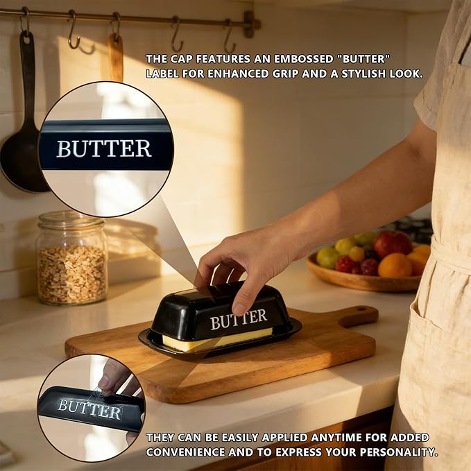 BPA-Free Melamine Butter Dish with Lid & Stainless Steel Knife - Farmhouse Butter Keeper for Countertop & Refrigerator, Dishwasher Safe, Holds 1 Stick with East & West Coast Butter-Black
