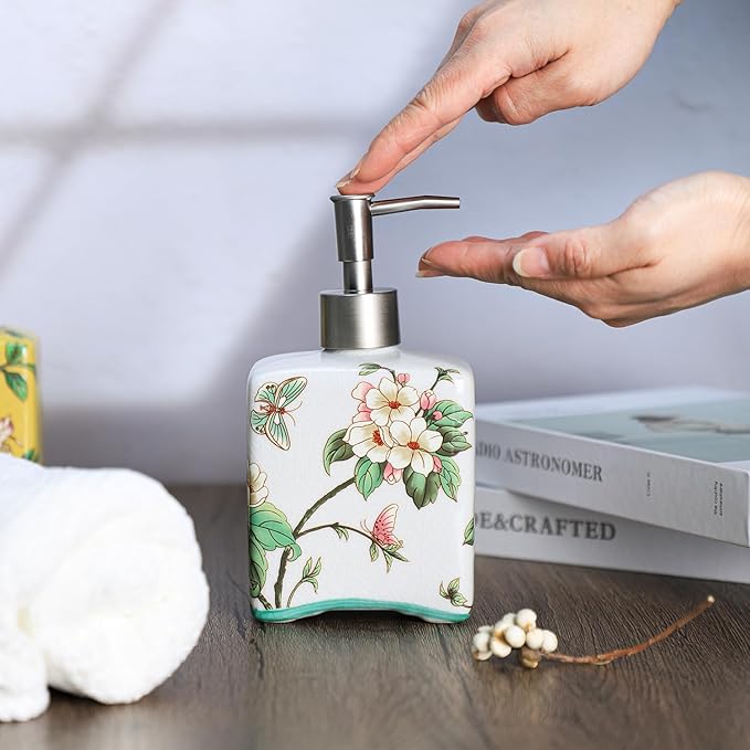 Ceramic Soap Dispenser, Lotion Bottle, Soap Bottle with Removable Pump, Flower Pattern Dispenser for Kitchen Soap, Bathroom Soap, Lotion and Essential Oil-Beige-13 OZ