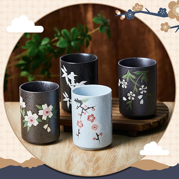 Qinyoung 4 Pcs Japanese Tea Cups 10 oz Ceramic Christmas Japanese Gifts Chinese Restaurant Sakura Teacups No Handles Japan Mug Souvenirs for Tea Latte Coffee Juice