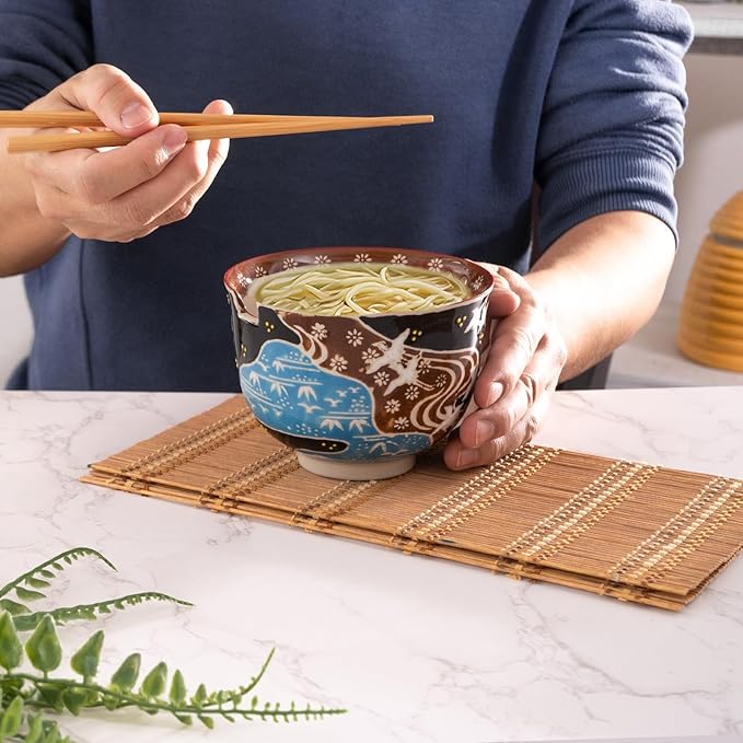 Urban Tokyo Handpainted Ceramic Glazed Japanese Ramen Udon Noodle Rice Bowl With Chopsticks 20 fl oz 5 inch Diameter Bowl Sets Color Box Packaging (Japanese Crane in Flight)
