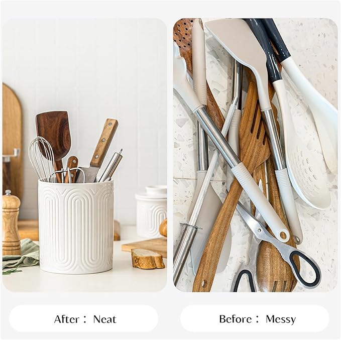 INSETLAN 7.1" Ceramic Utensil Holder, Kitchen Utensil Organizer for Countertop, Arch-Design Utensil Crock for Farmhouse Decor & Kitchen Counter, Perfect Housewarming Gift