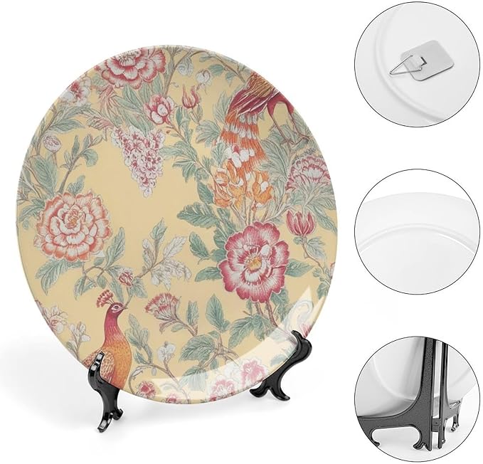 Garden Inspired Chinoiserie Birds Flowers Plates Ceramic of 6", 7", 8", 10", Custom Christmas Design Porcelain Dessert Plate Set Gifts Kitchen Display Decorations Table, Unique Art with Stand