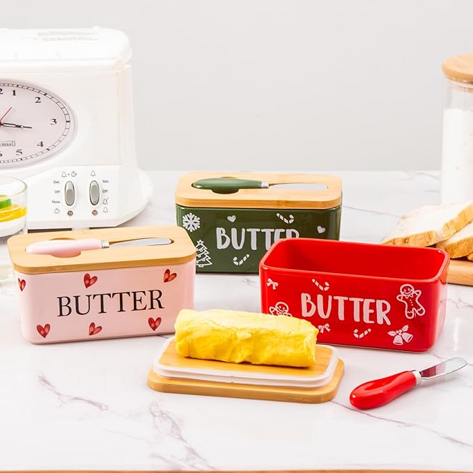Pink Ceramic Butter Dish with Bamboo Lid and Knife, Cute Butter Holder,Large Covered Butter Container for Refrigerator, Butter Keeper with hearts design, Unique Kitchen Decor Gift(pink love)
