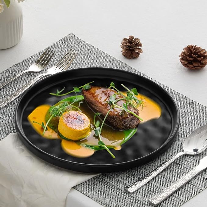LIANYU Ceramic Dinner Plates Set for 4, 7.9In Porcelain Kitchen Salad Dessert Serving Dishes Set, Modern Round Stoneware Dinnerware Appetizer Plates, Scratch Resistant & Microwavable, Obsidian Black