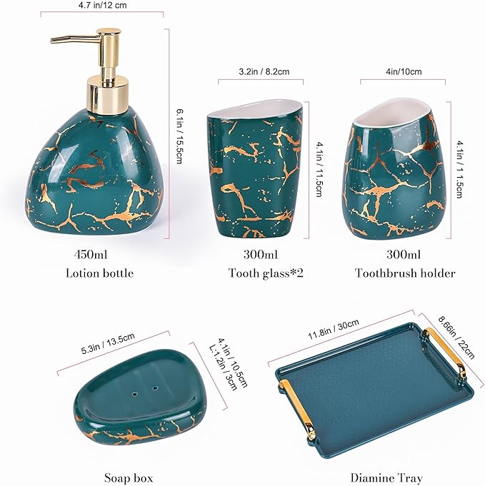 Green Bathroom Accessories Set,Gold Marble Look Bathroom Decor,Modern 6 Piece Bathroom Accessory Set,Complete with Soap Dispenser,Toothbrush Holder,Tumbler,Tray Countertop