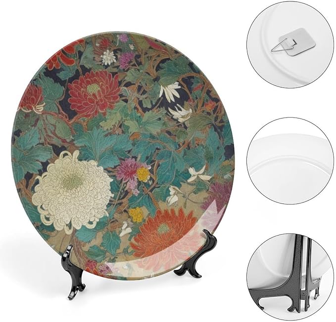 Oriental Floral Chinoiserie Plates Ceramic, Chinoiserie Peony Floral Customize Ceramic Hanging Decorative Plate for Farmhouse Club Decor, Unique Art with Stand Art Decorations for Kitchen Wedding
